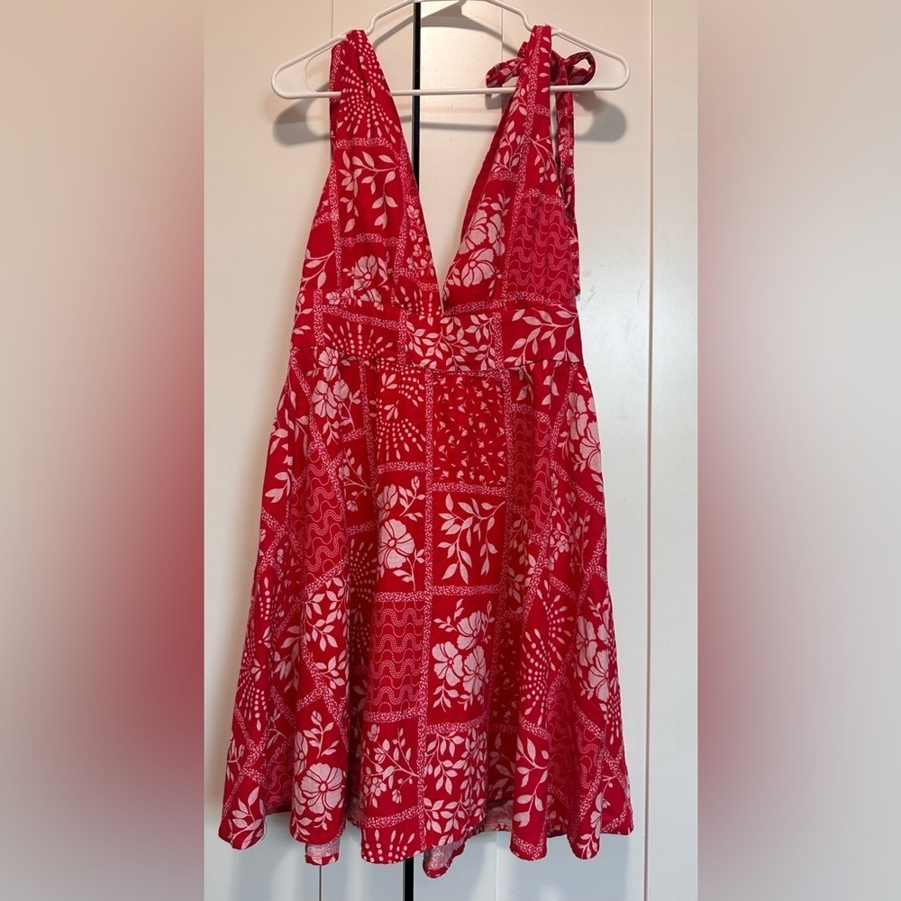 House of Harlow 1969 Red Summer Linen Blend Dress with Floral Pattern size S